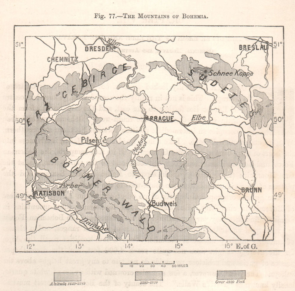 The Mountains of Bohemia. Czech Rep. Prague. Sketch map 1885 old antique